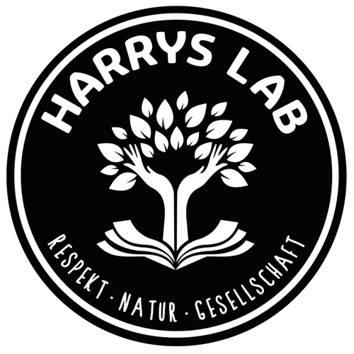 Logo von Harrys Lab Stuttgart. Kleiner Baum und die Worte Respekt, Natur, Gesellschaft