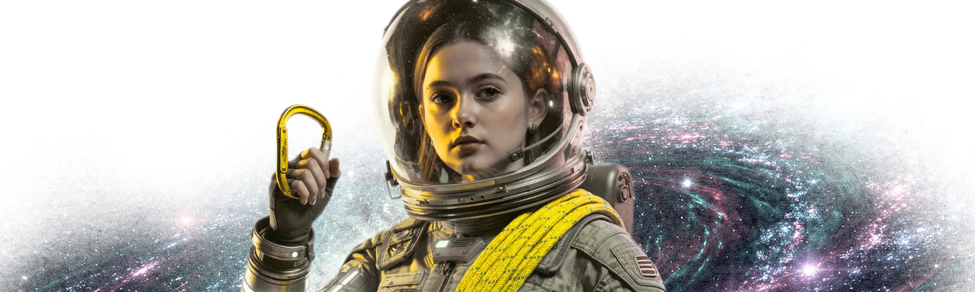 Junge move&do Astronautin mit gelbem Kletterseil und Karabiner
