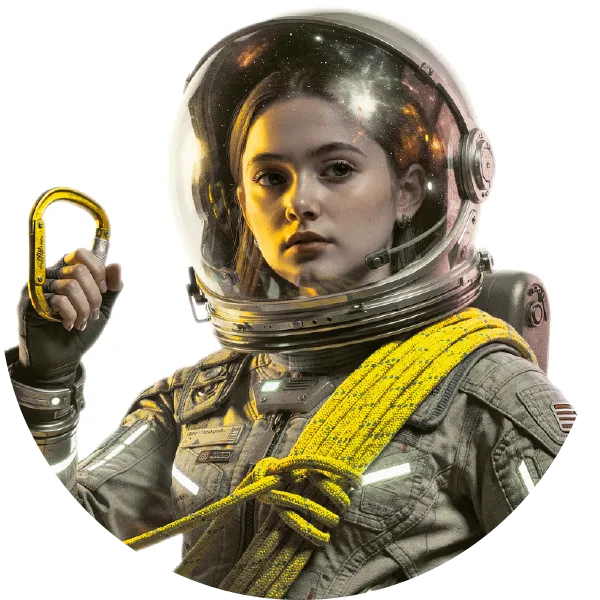 Jugendliche Astronautin mit gelbem Kletterseil und gelbem Karabiner in der Hand