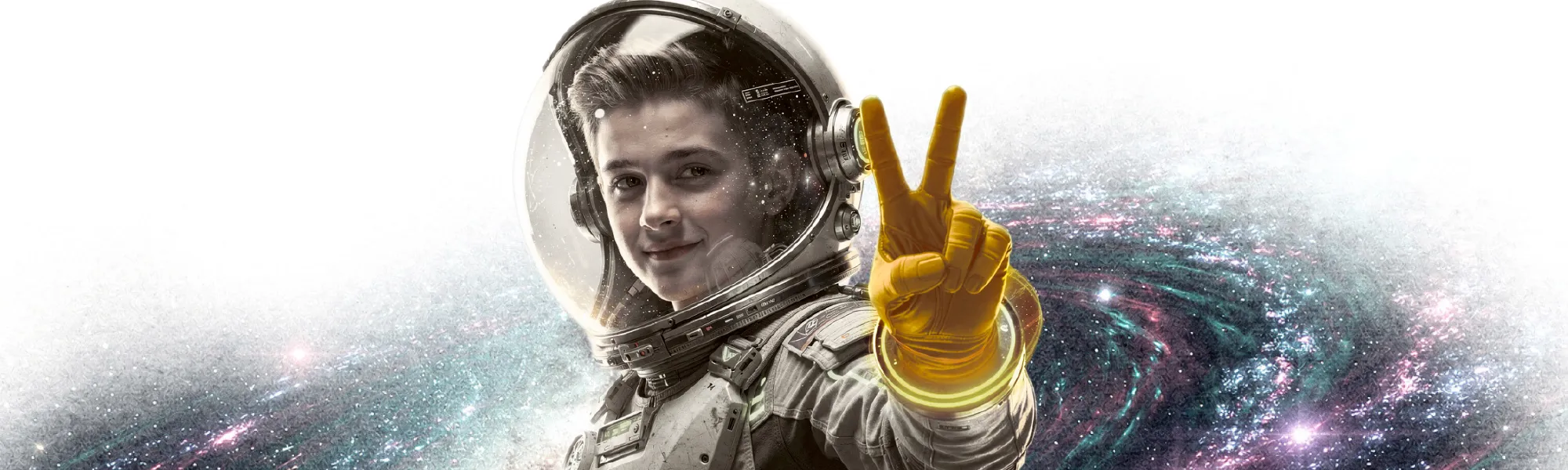 Self!ie – Jugendlicher Astronaut mit gelbem Handschuh zeigt das Victory-Zeichen.