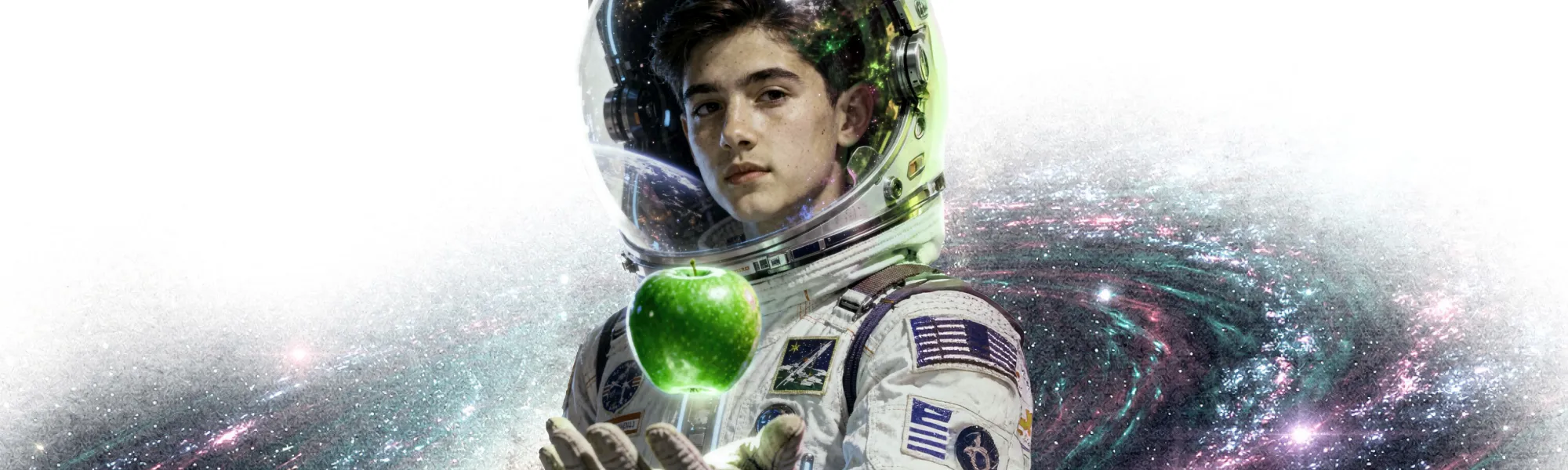 Jugendlicher Astronaut mit einem grünen Apfel in der Hand. Um den Apfel herum ist ein geheimnisvoller Lichtschein.